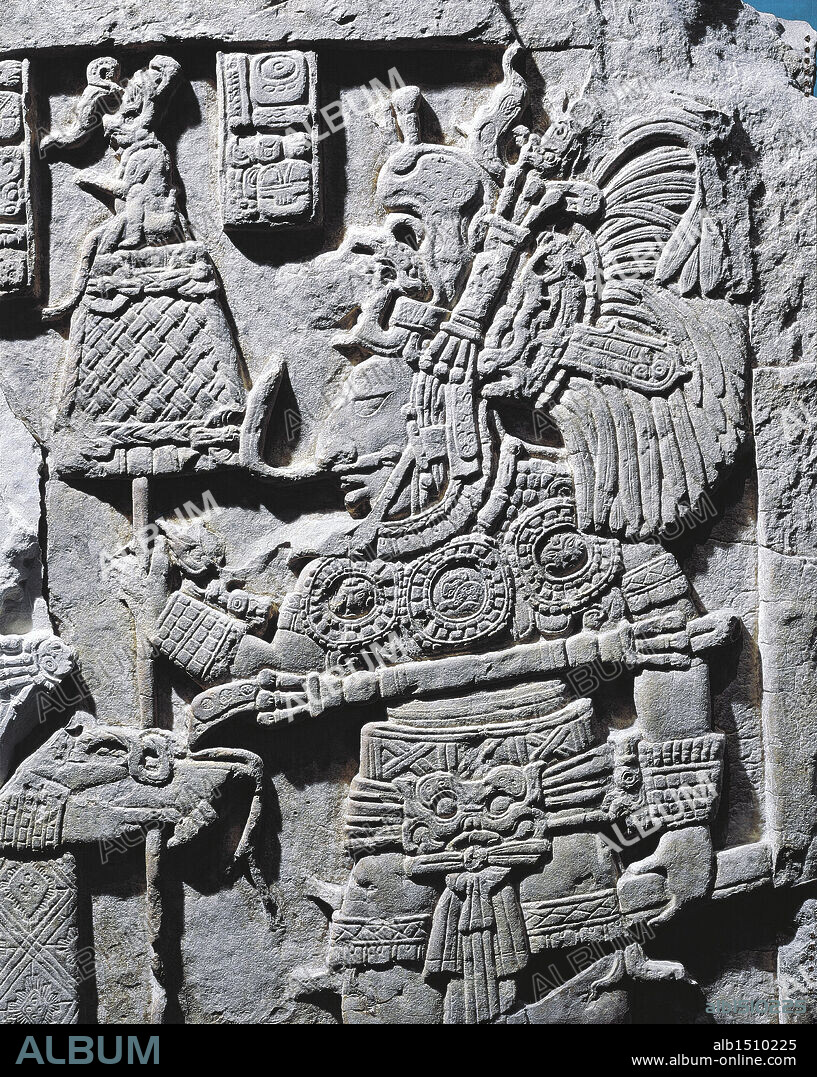 Maya civilization, 8th century A.D. Architrave no. 43 representing Halach Uinic holding the ceremonial bar, 773 A.D. From Yaxchilan, Mexico.