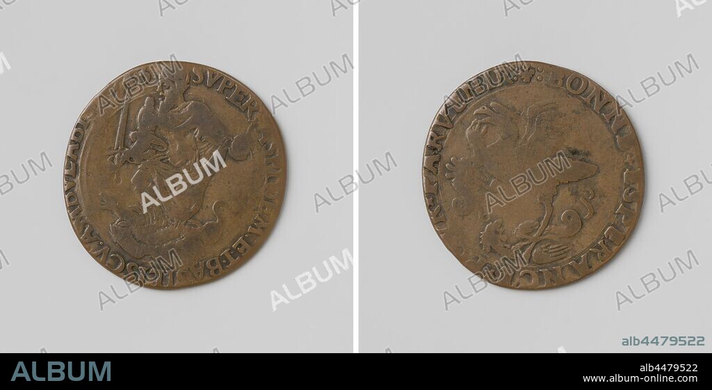 Charles V, German Emperor, is preparing for the war against France and Gelderland, Copper Medal. Obverse: portrait of Charles V with crown, apple of the kingdom in left and sword in right hand, standing on the ground snake Aspis and monster Basiliscus inside an inscription. Reverse: eagle, holding snake Aspis in right claw and monster Basiliscus with left claw trampled inside inscription, France, Gelderland, Charles V of Habsburg (German emperor and king of Spain), anonymous, 1543, copper (metal), striking (metalworking), d 2.7 cm × w 4.48 gr.