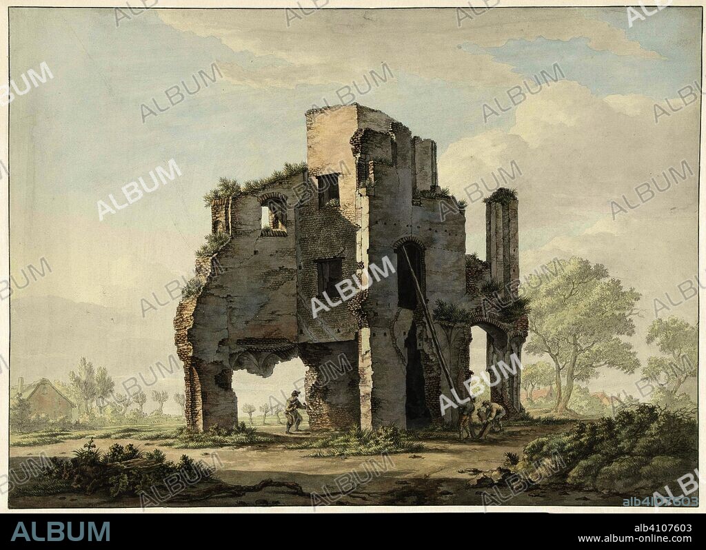 The demolition of the ruin of the Rijnsburg abbey. Draughtsman: Johannes van Lexmond. Dating: 1779 - 1838. Measurements: h 400 mm × w 551 mm.