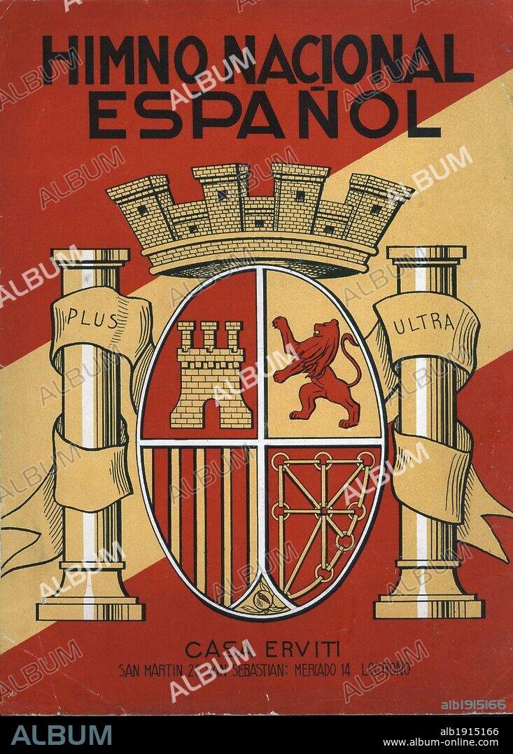 Partitura musical "Himno Nacional Español", con la corona murada en el escudo. Editada por Casa Erviti, San Sebastián. Año 1940.