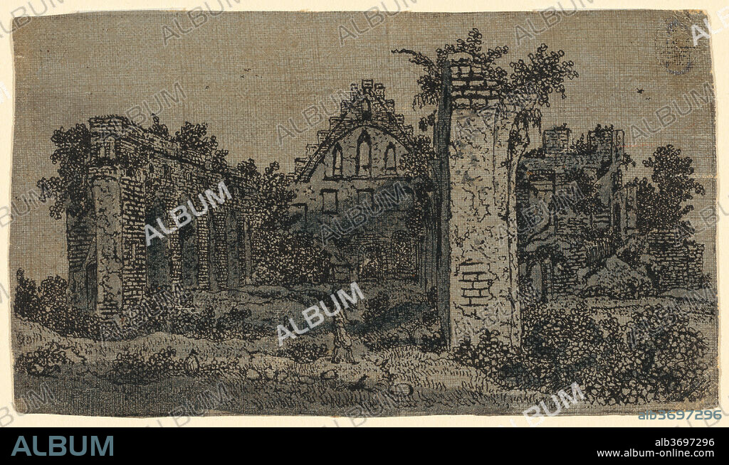 HERCULES SEGHERS. Ruins of the Abbey of Rijnsburg: Small Version. Dimensions: sheet (trimmed within plate mark): 10 x 17.5 cm (3 15/16 x 6 7/8 in.). Medium: etching printed on linen (prepared with ground) and hand-colored with blue watercolor.