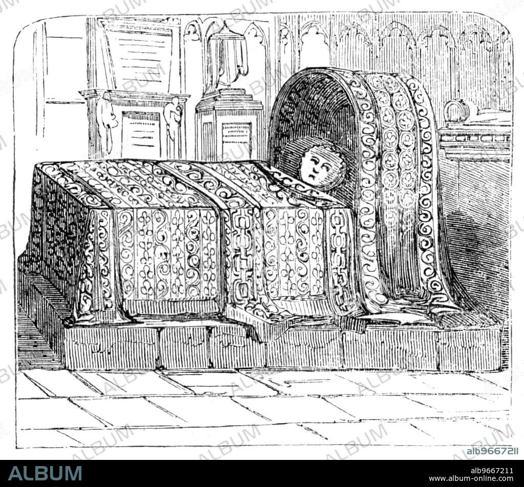 Tomb of the Infant Daughter of James I, in Westminster Abbey, 1857. Sophia Stuart, daughter of King James VI and I and Anne of Denmark, was born on 22 June 22 1606 and died the next day, on 23 June. The monument was designed by Maximilian Colt and painted and gilded by John de Critz. 'In the north aisle of Henry VII.'s Chapel...is [a] simple and somewhat appropriate tomb... This monument...is in shape like the old-fashioned cradle, and is composed of cream-coloured marble; parts are ornamented with the richly-carved diaper pattern so much in use in the days of Queen Elizabeth and King James. In the cradle, the head resting on a cushion, is the effigy of the little child, very finely sculptured, and which looks like a portrait. Over the lower part of the figure is a coverlet, also covered with profuse ornament. The whole has probably been highly coloured and gilt, and must have had a very beautiful effect'. From "Illustrated London News", 1857.