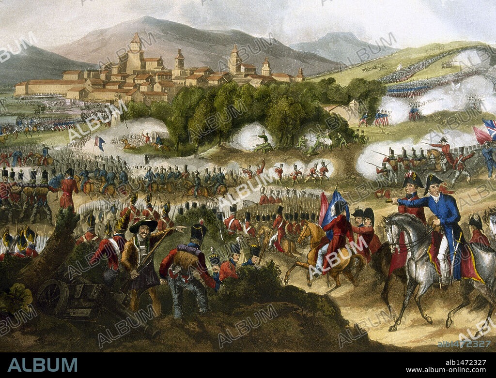 GUERRA DE LA INDEPENDENCIA ESPAÑOLA. El ejército francés derrotado en la "BATALLA DE VITORIA" por las fuerzas aliadas que capitaneaba el Mariscal británico WELLINGTON (21 de junio de 1813). Grabado coloreado del s. XIX.