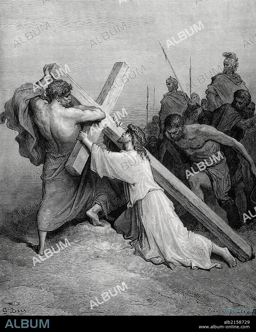 PAUL GUSTAVE DORÉ. NUEVO TESTAMENTO. JESUS. "CAIDA DE JESUS BAJO EL PESO DE LA CRUZ". Evangelio de San Lucas, Cap. XXIII. Versículo 26 al 30. Dibujo de G. Doré. Grabado de Pannemaker.