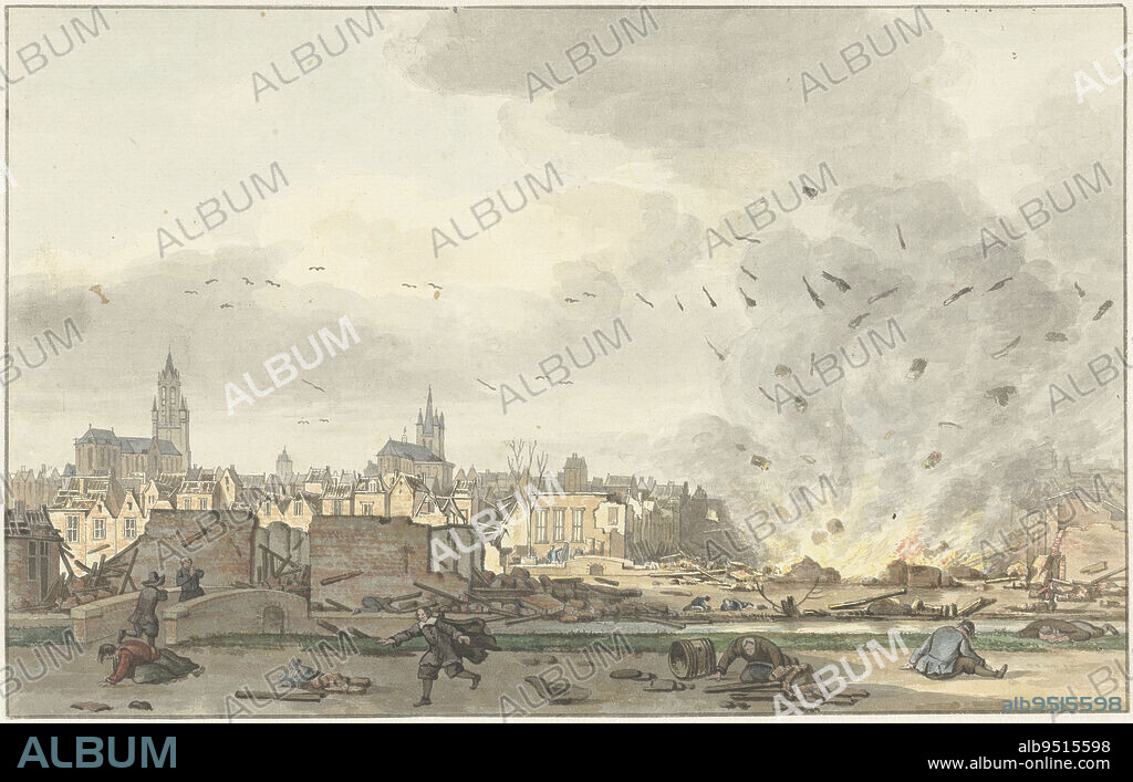 The Explosion of the Kruithuis in Delft, October 12, 1654, Hendrik de Winter, after Egbert Lievensz. van der Poel, 1758, View of the devastated streets and houses in Delft after the explosion of the gunpowder warehouse on October 12, 1654. Wounded people sit and lie on the ground. On the left the Old Church and the New Church., draughtsman: Hendrik de Winter, (signed by artist), after: Egbert Lievensz. van der Poel, (mentioned on object), Northern Netherlands, 1758, paper, pen, brush, h 171 mm × w 271 mm.