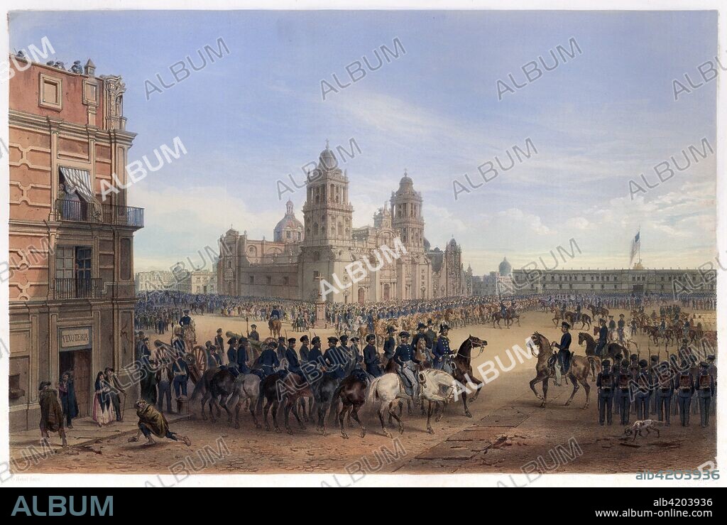 General Scott's Entrance into Mexico City,  from The War Between the United States and Mexico, pub. 1851 (colour lithograph). US-Mexican War 1846 - 1848; Winfield Scott (1786 - 1866); Antonio Lopez de Santa Anna (1794 - 1876); General Scott entering Mexico City in the Zocalo with the Catedral Metropolitana in the background.