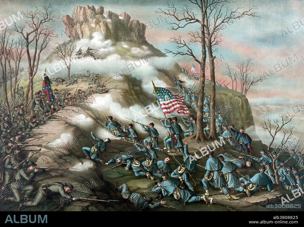 The Battle of Lookout Mountain was fought November 24, 1863, as part of the Chattanooga Campaign of the American Civil War. Union forces under General Joseph Hooker assaulted Lookout Mountain, Chattanooga, Tennessee, and defeated Confederate forces commanded by General Carter Stevenson. Lookout Mountain was one engagement in the Chattanooga battles between General Ulysses S. Grant's Military Division of the Mississippi and the Confederate Army of Tennessee, commanded by General Braxton Bragg. It drove in the Confederate left flank and allowed Hooker's men to assist in the Battle of Missionary Ridge the following day, which routed Bragg's army, lifting the siege of Union forces in Chattanooga, and opening the gateway into the Deep South. Lithograph by Kurz & Allison, 1889.