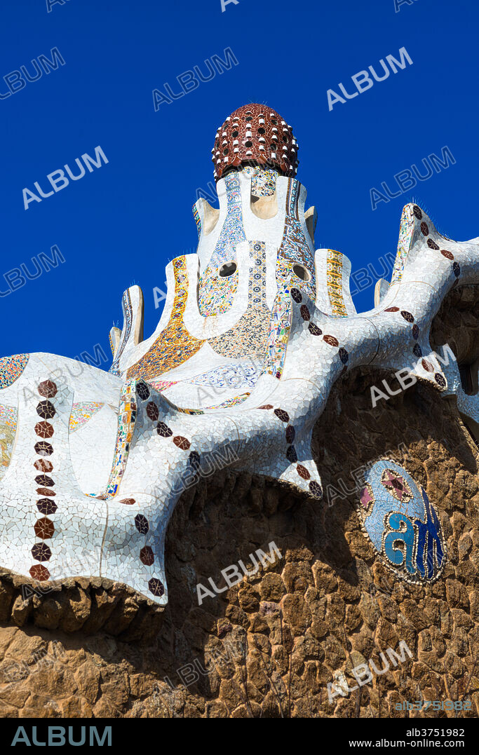 Park Guell house at Parc Guell by architect Antoni Gaudi, UNESCO World Heritage Site, Barcelona, Catalonia, Spain, Europe.