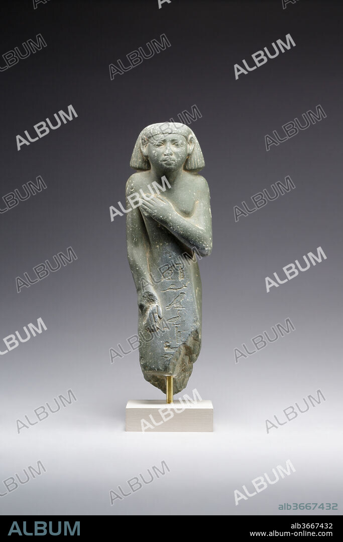 Middle Kingdom statuette, reinscribed for Harsiese High Priest of Memphis in the Third Intermediate Period. Dimensions: H. 15.7 (6 3/16 in.); W. 4.8 (1 7/8 in.); D. 4.5 cm (1 3/4 in.). Dynasty: Dynasty 12-18. Date: ca. 1981-1550 B.C..