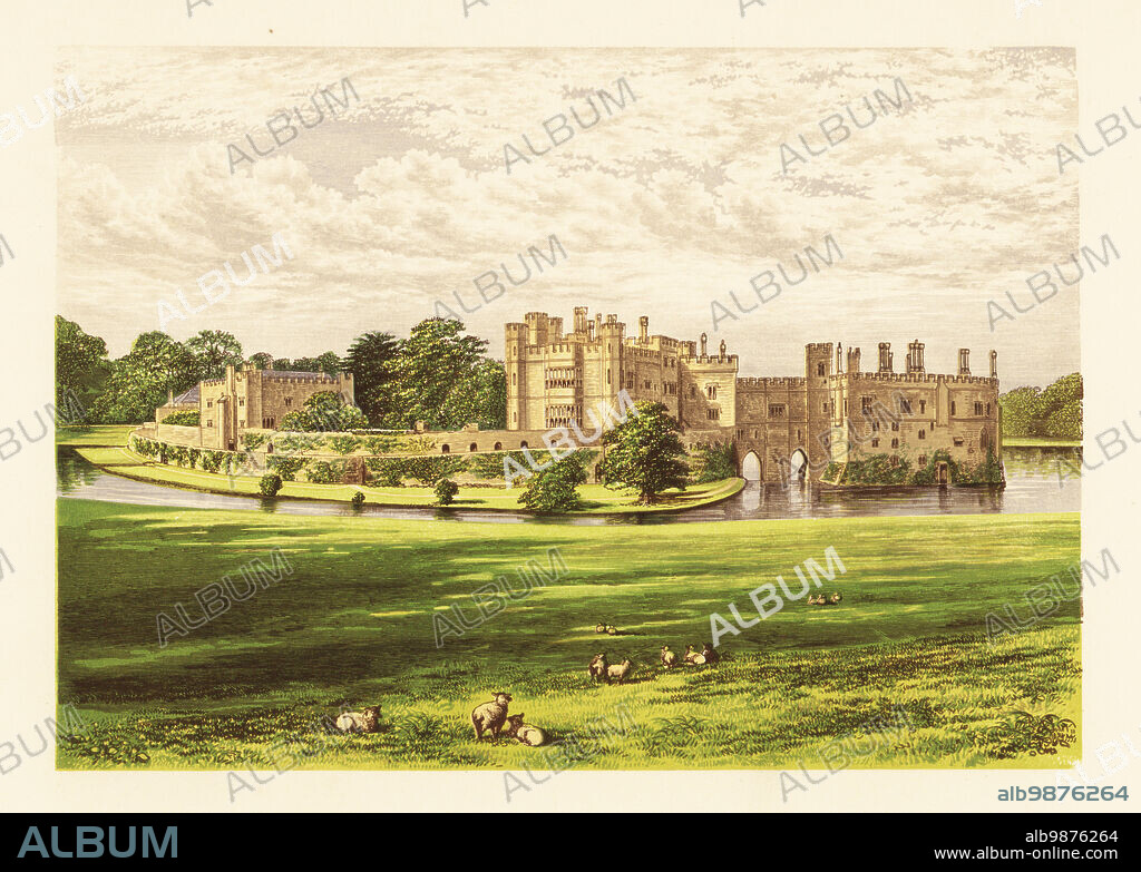 Leeds Castle, Kent, England. Medieval castle renovated in the Tudor style in 1823. Home of Robert Fairfax, 6th Lord Fairfax of Cameron, owner of 30 plantations in Virginia with several 100 enslaved labor, and later Charles Wykeham-Martin, MP. Colour woodblock by Benjamin Fawcett in the Baxter process of an illustration by Alexander Francis Lydon from Reverend Francis Orpen Morriss Picturesque Views of the Seats of Noblemen and Gentlemen of Great Britain and Ireland, William Mackenzie, London, 1880.