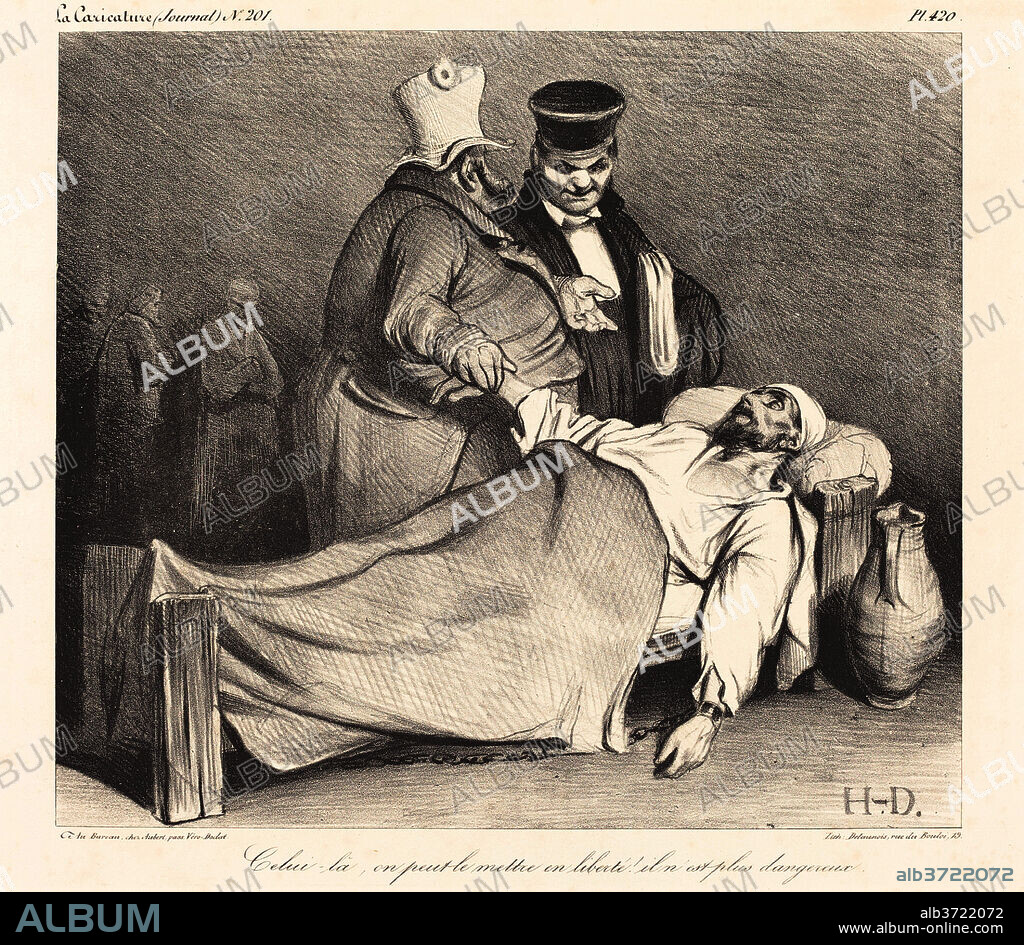 HONORé DAUMIER. Celui-la, on peut le mettre en liberté! (This one we can set free!  He is no longer dangerous!). Dated: 1834. Dimensions: image: 22.4 x 25.5 cm (8 13/16 x 10 1/16 in.)  sheet: 27.6 x 35.9 cm (10 7/8 x 14 1/8 in.). Medium: lithograph on wove paper.
