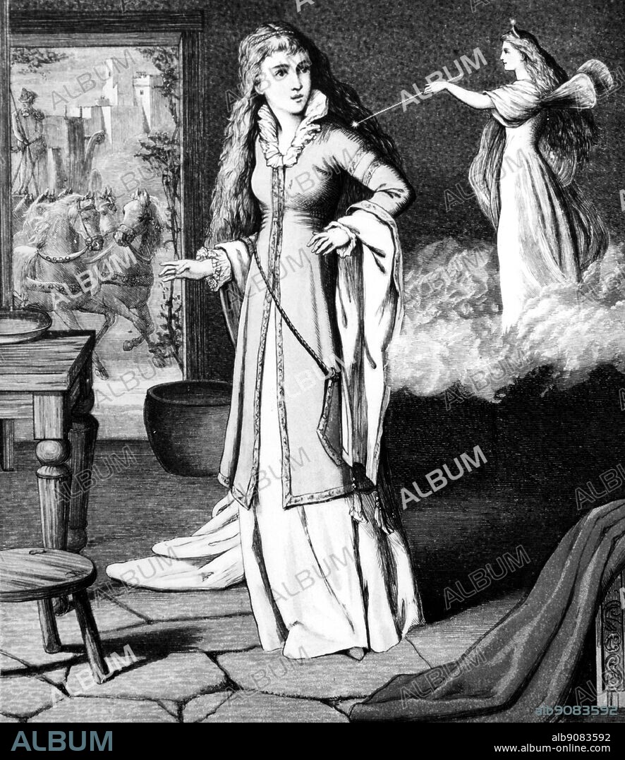 Fairy Godmother touches Cinderella with her wand. The Classic Fairy Tales by Iona and Peter Opie, page 123.