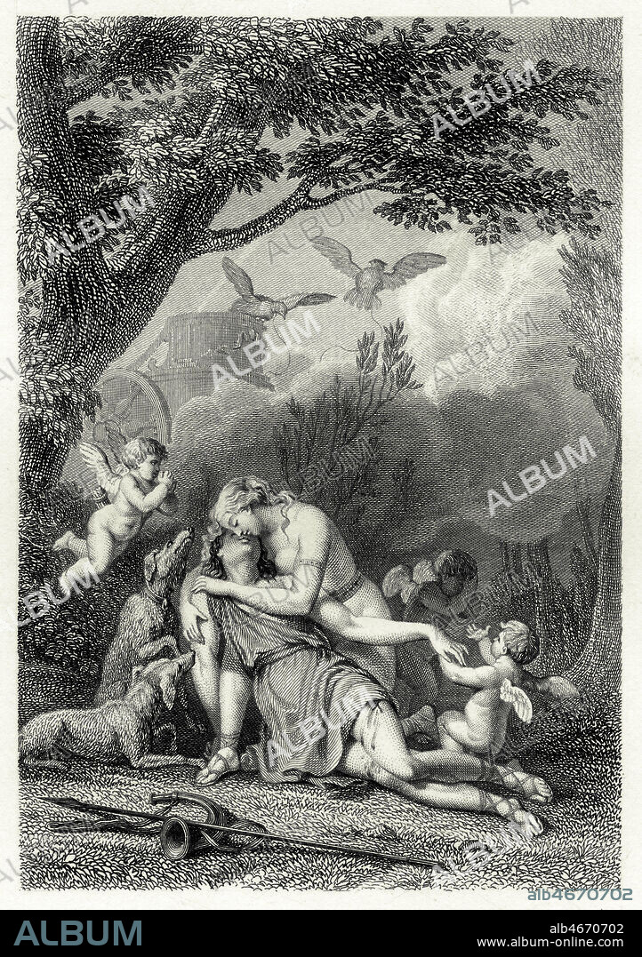 'La mort d'ADONIS ' dans les bras de VENUS. Gravure de MOREAU le jeune (1741-1814) in Lettres a Emilie ( 1ere edition 1786) sur la Mythologie par Charles-Albert DEMOUSTIER (1760-1801), Editions Furne et Cie, 1860. Credit Collection Kharbine Tapabor.