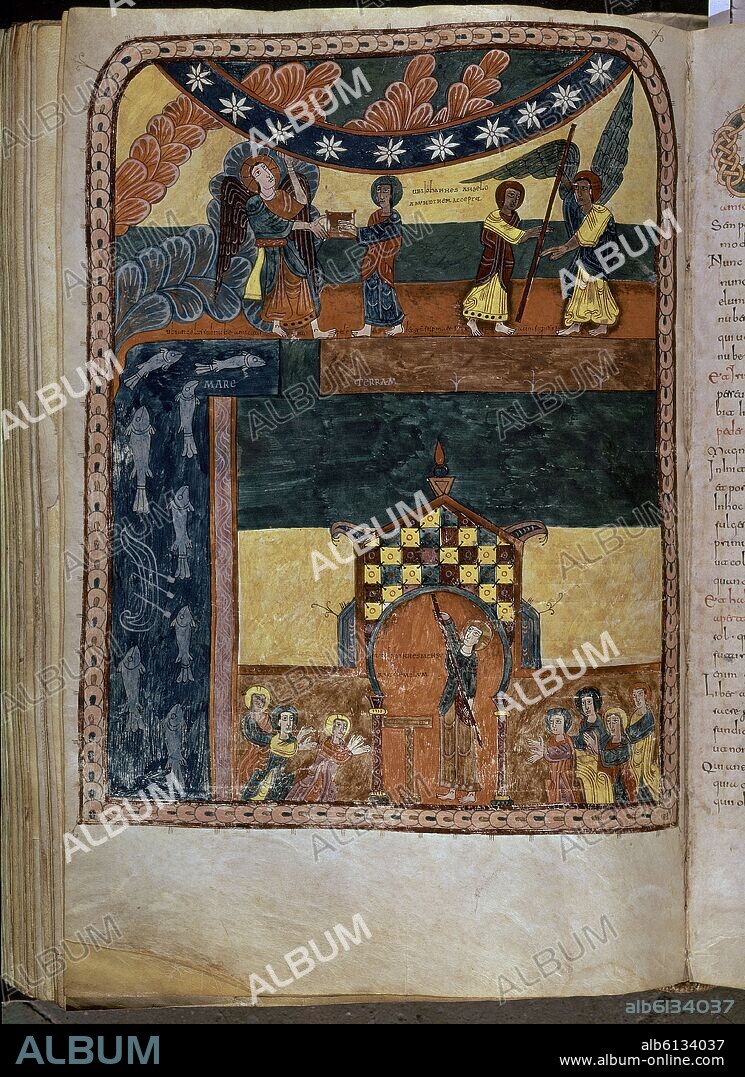 BEATUS OF LIÉBANA. BEATO DE SAN SALVADOR DE TABARA - 975 - COMENTARIOS AL APOCALIPSIS, EL ANGEL PODEROSO HACE COMER EL LIBRO A JUAN Y ÉSTE MIDE EL TEMPLO - MOZARABE.