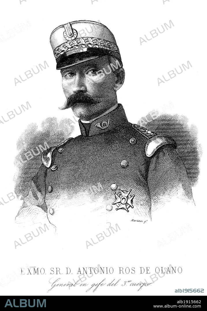 Personajes. General Antonio Ros de Olano (Caracas, 1808-Madrid, 1886), conde de Almina. Escritor romántico y militar español. General en jefe del tercer cuerpo del ejército. Guerra de África. Grabado de 1860.
