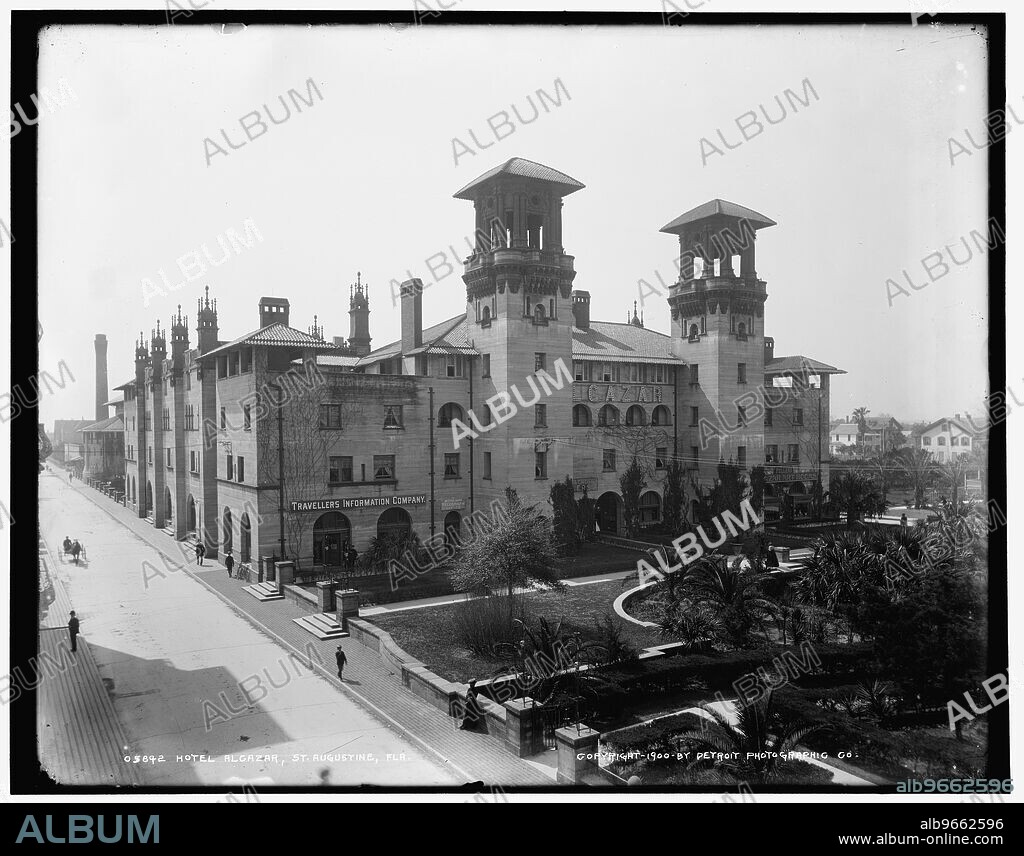 Hotel Alcazar, St. Augustine, Fla., c1900. Hotel commissioned by Henry Flagler, to appeal to wealthy tourists who traveled south for the winter on his railroad, the Florida East Coast Railway. It was designed in the Spanish Renaissance Revival style by Carrère and Hastings. Note Travellers Information Company office.