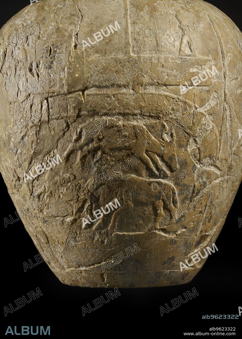 Macehead of Narmer, Protodynastic Period (Egypt), c3300 - c3200 BC. The cow and a calf, might symbolise the nome of Theb-ka, or the goddess Hathor and her son Horus, deities associated with kingship since earliest times. Dimension: height: 19.8 cmdiameter: 18.7 cmweight: 10 kg.