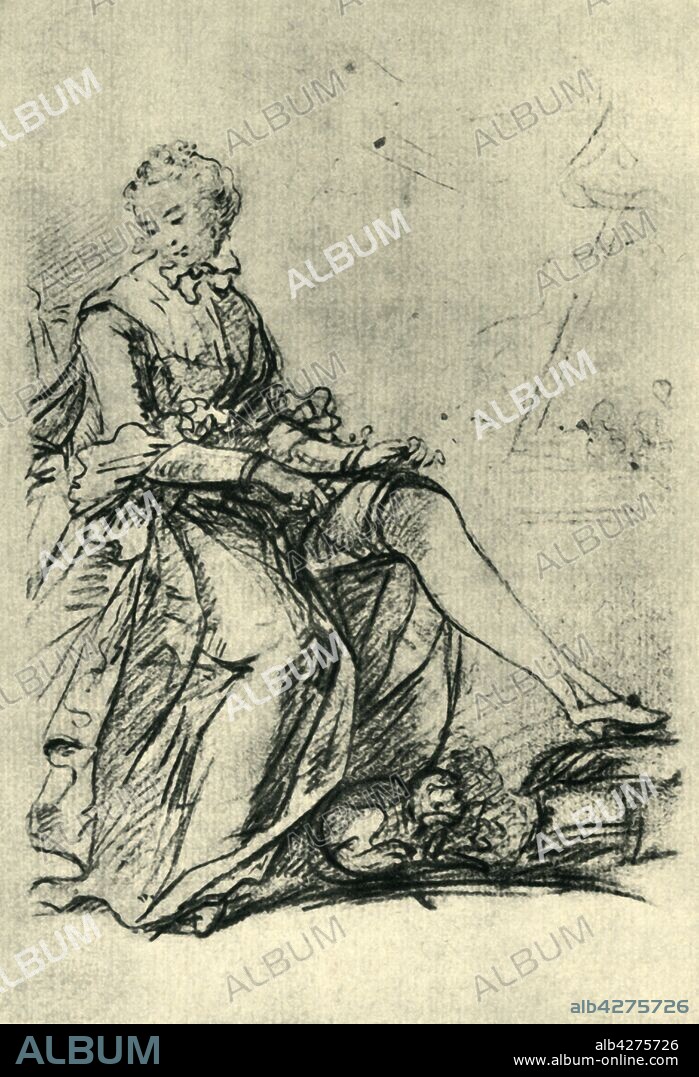 SIR JOSHUA REYNOLDS. Woman putting on her stockings, mid-late 18th century, (1943). Drawing in the British Museum, London. From "Europäische Handzeichnungen", (Five Hundred Years of European Drawings), by Bernhard Degenhart. [Atlantis-Verlag Berlin, Zürich, 1943].