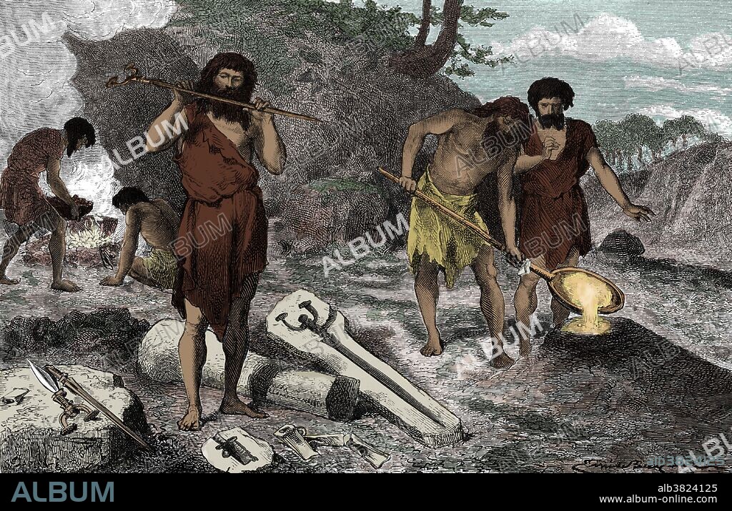 Captioned: "Workshop of caster during Bronze Age. The alloy, having been previously mixed, has been smelted in a furnace, an a workman is pouring it into a sand-mold. Another man is examine a sword-blade which has just been cast." Humans learned to smelt metals in prehistoric times, more than 8000 years ago. The discovery and use of metals, copper and bronze at first, then iron a few millennia later, had an enormous impact on human society. The impact was so pervasive that scholars traditionally divide ancient history into Stone Age, Bronze Age, and Iron Age. An ancient civilization is defined to be in the Bronze Age either by smelting its own copper and alloying with tin, arsenic, or other metals, or by trading for bronze from production areas elsewhere. "Primitive Man" by Louis Figuier, 1871. This image has been color enhanced.
