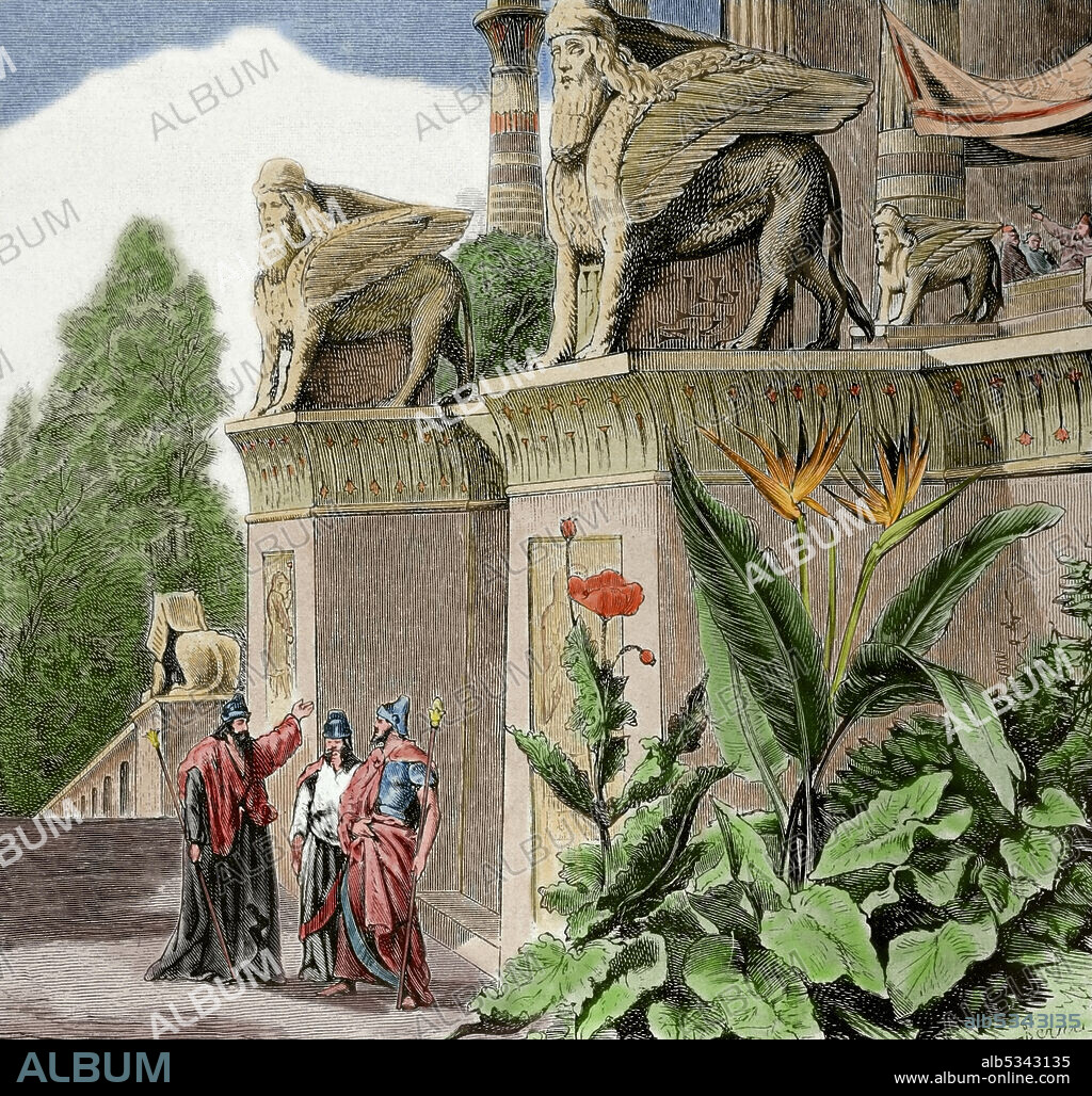 Historia Antigua. Imperio Asirio. Gobierno, religión y costumbres. Grabado. Coloreado. La Civilización, Tomo I, 1881.