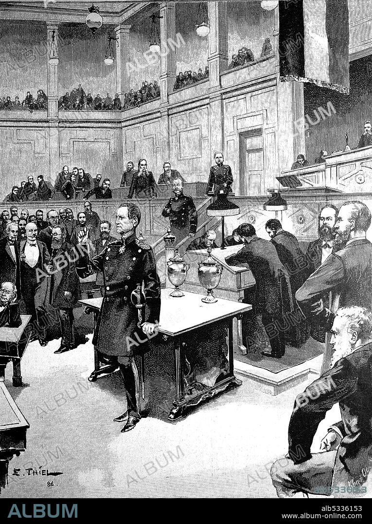 Moltke in the Reichstag session of 4 December 1886, Helmuth Karl Bernhard von Moltke, from 1870 Count von Moltke, called Moltke the Elder, The Great Silent One, 26 October 1800 - 24 April 1891, was a Prussian Field Marshal General  /  Moltke in der Reichstagssitzung vom 4. Dezember 1886, Helmuth Karl Bernhard von Moltke, ab 1870 Graf von Moltke, genannt Moltke der Ältere, Der große Schweiger, 26. Oktober 1800 - 24. April 1891, war ein preußischer Generalfeldmarschall, Historisch, historical, digital improved reproduction of an original from the 19th century / digitale Reproduktion einer Originalvorlage aus dem 19. Jahrhundert,.