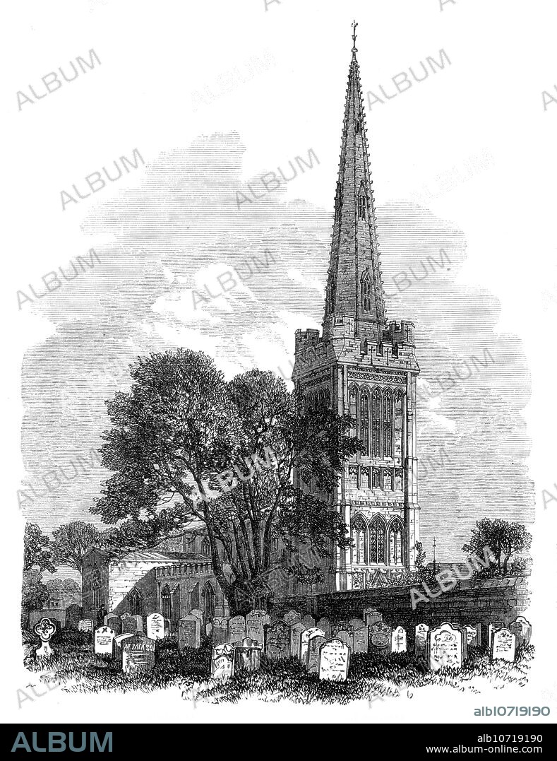 Oundle Church, Northamptonshire, lately restored, 1864. 'The parish church of St. Peter...was reopened...after undergoing some extensive restorations, executed by Mr. R. Hall, of Nottingham, under the direction of Mr. Gilbert Scott. This church being in a very dilapidated state, it was, some time ago, found necessary to take steps to provide for its repair...The exterior has a lofty embattled tower, with decorated and pierced spire, together about 200 ft. in height...The walls and arches were formerly covered with plaster or whitewash, and this has been removed, so that the excellent colour of the walls and that of the seatings harmonise completely with each other...Attached to the church is a very fine crypt, which was formerly used as a charnel-house. This has now been cleaned out, and is used as a receptacle for fuel...The total cost of the restorations will amount to about £5000'. From "Illustrated London News", 1864.