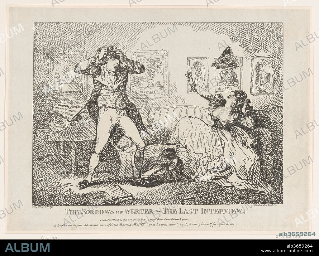 The Sorrows of Werter-The Last Interview. Artist: After Samuel Collings (British, active 1784-95). Dimensions: Sheet: 9 15/16 × 13 7/16 in. (25.2 × 34.1 cm). Etcher: Thomas Rowlandson (British, London 1757-1827 London). Publisher: E. Jackson (London). Date: March 29, 1786.