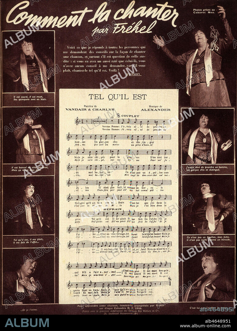 'Comment la chanter' par FREHEL (1891-1951), avec la parition de la chanson 'Tel qu'il est'. Article publie dans Voila du 03/05/1940. Credit : Collection KHARBINE-TAPABOR.