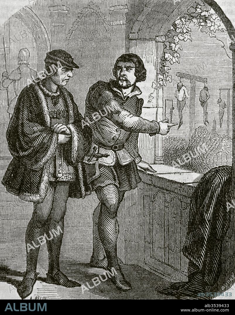 Luis XI de Francia, apodado "el Prudente" (Bourges, 1423-Plessis-les-Tours, 1483). Rey de Francia (1461-1483). Luis XI en el Castillo de Plessis-les-Tours. Grabado por Dupre, 1851.