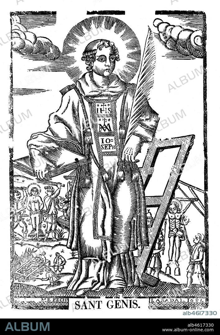 PERE ABADAL MORATÓ. Sant Genís de Arle (-303), mártir, escribiente y notario cristiano, decapitado bajo las persecuciones de Maximiliano. Grabado de Pere Abadal Morató (1630-1684), impresor y grabador, realizado en la Imprenta Abadal en 1681.