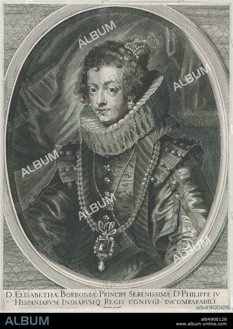 Anonymous, Portrait of Elisabeth of Bourbon, Queen of Spain, Anonymous, After Peter Paul Rubens (Flemish, Siegen 15771640 Antwerp), Elisabeth, Queen of Spain (French, Fontainebleau 16021644 Madrid), ca. 16501700, Engraving; copy (undescribed), Sheet (Trimmed): 16 9/16 × 12 5/16 in. (42 × 31.3 cm), Prints.