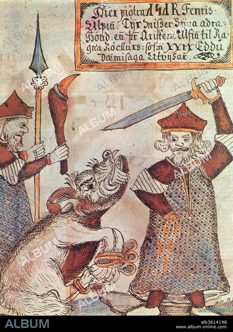 18th century Icelandic manuscript depicting the story of Tyr (the Norse god of single combat, victory and heroic glory) losing his hand to the monstrous wolf Fenrir.