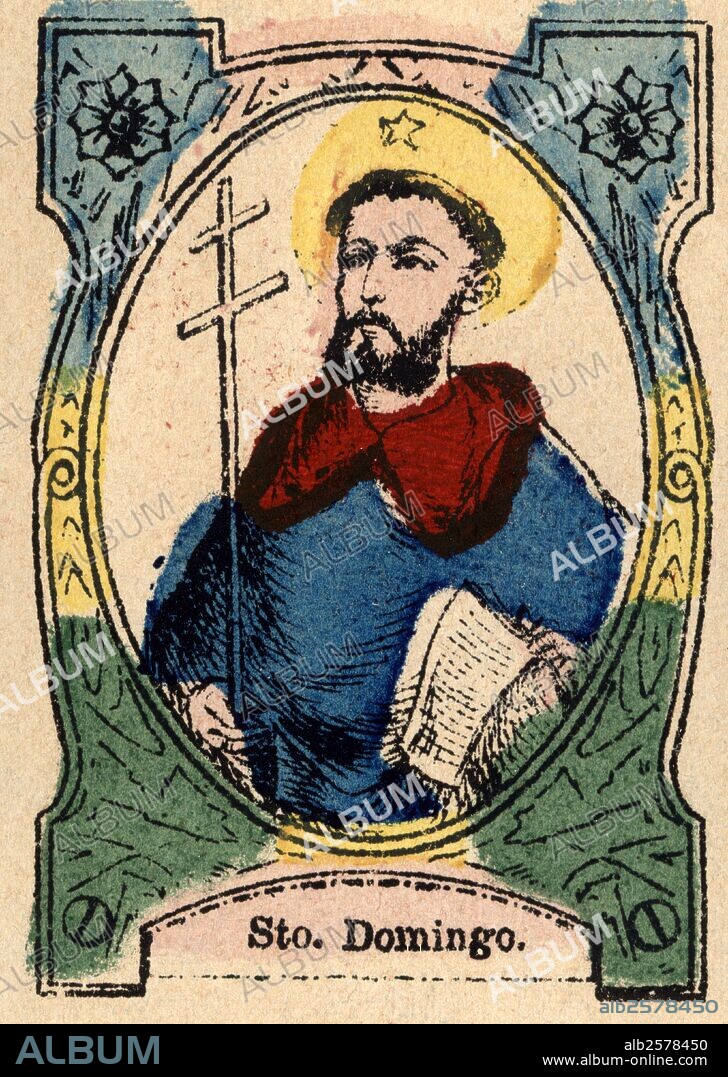 Santo Domingo de Guzmán (1170-1221), religioso español, fundador de la orden de los dominicos. Grabado popular pintado a la trepa en 1870.