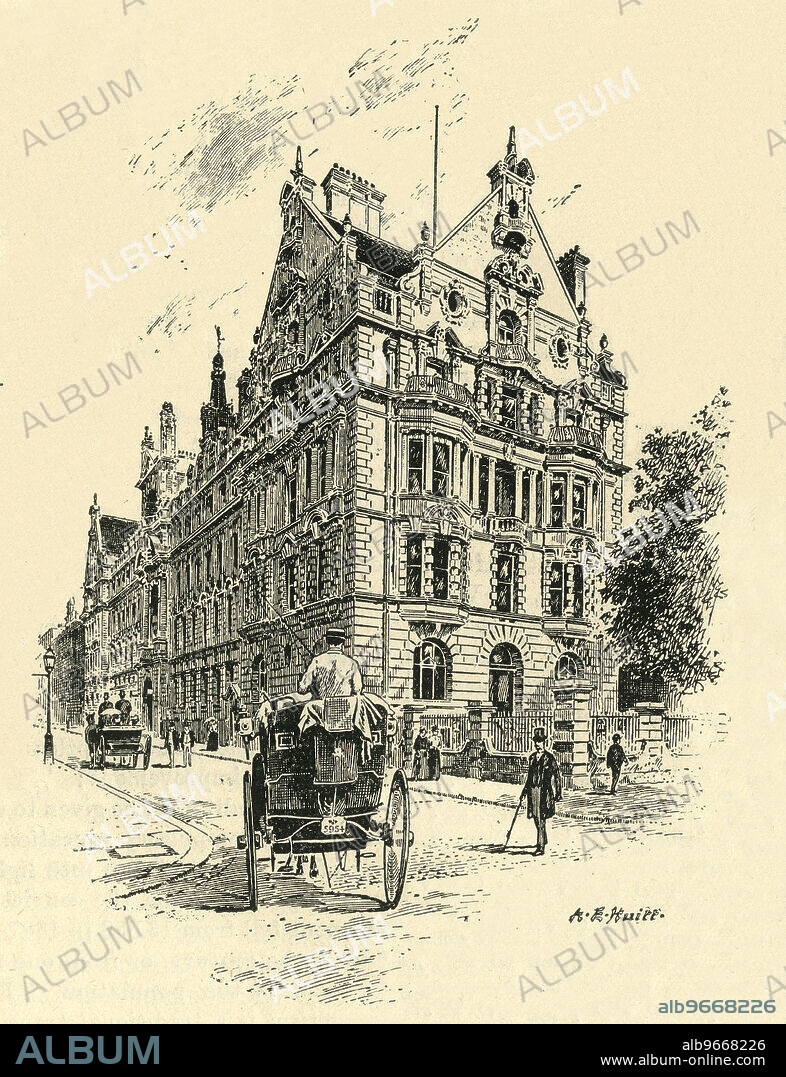 A. E. HUITT. 'The National Telephone Office, Near the Victoria Embankment', London, c1900. Building on the corner of Temple Avenue, designed by Albert Nelson Bromley and built 1898-1902. From "Cassell's History of England, Vol. IX". [Cassell and Company, Limited, London, Paris, New York & Melbourne].