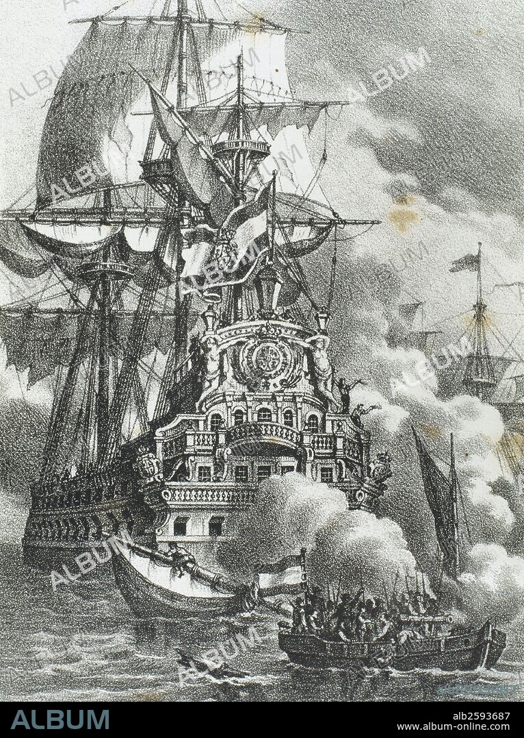 HISTORIA DE ESPAÑA. REINADO DE FELIPE IV. COFRADIA DE LOS HERMANOS DE LA COSTA. Organización formada por bucaneros, filibusteros y toda clase de piratas que duró entre los años 1620 y 1700. Operó en el Océano Atlántico, Mar Caribe y el Golfo de México, teniendo su sede en la Isla de la Tortuga. Los españoles eran sus principales enemigos. "LOS HERMANOS DE LA COSTA ATACANDO Y APODERANDOSE DE TRES GALEONES ESPAÑOLES". Grabado de "Historia de España", del siglo XIX.