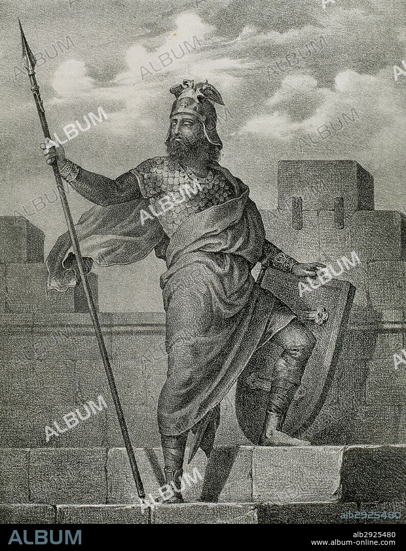 ALFONSO II DE ARAGON y I DE CATALUÑA, "El Casto" (1154-1196). Rey de la Corona de Aragón (1162-1196). Hijo de Ramon Berenguer IV, conde de Barcelona, y Petronila, reina de Aragón. Grabado de "Historia de España Ilustrada", del siglo XIX.