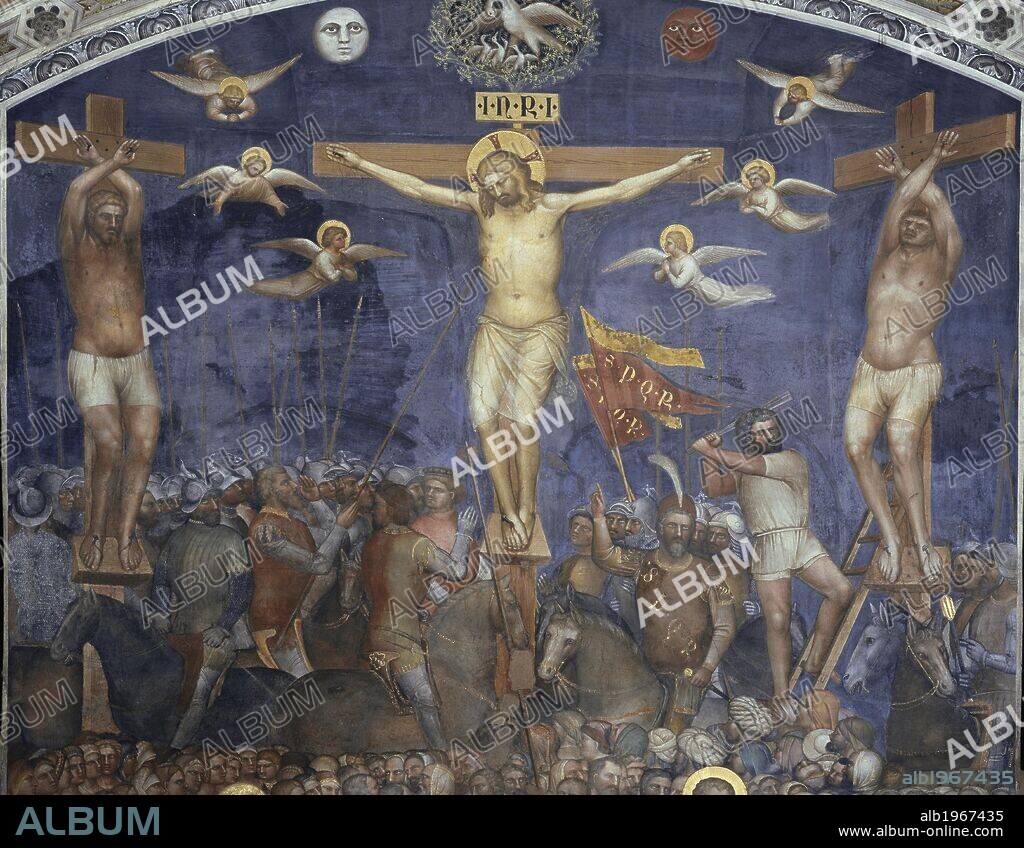 Crucifixion of Christ, scene from New Testament stories, 1375-1378, by Giusto de' Menabuoi (active 1349, died 1393), fresco, Baptistry of St John, Padua, Veneto. Italy, 14th century.