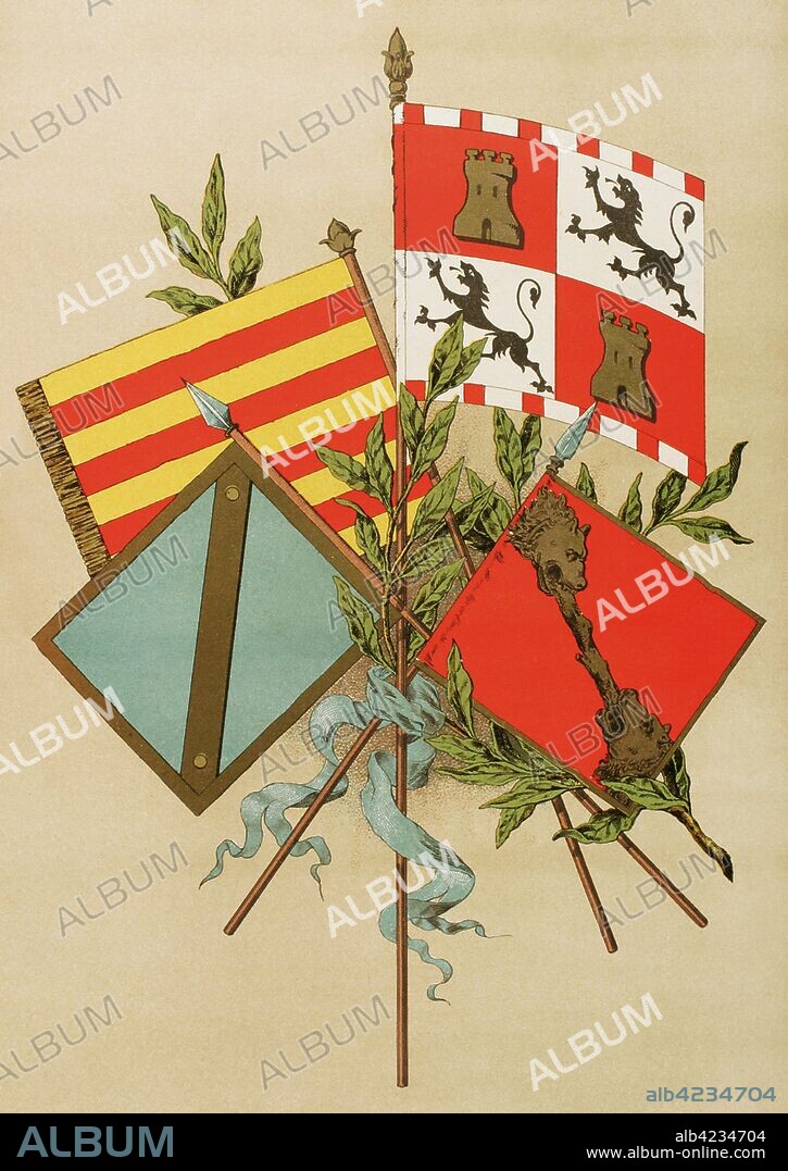 Guion real aragonés, bandera de la Banda, guion real de Castilla, guión de los Reyes Católicos y Carlos I. "Museo Militar del Ejército Español", Tomo I. Evaristo Ullastres Editor. Barcelona, 1883. Biblioteca Histórico Militar de Barcelona, Cataluña, España.