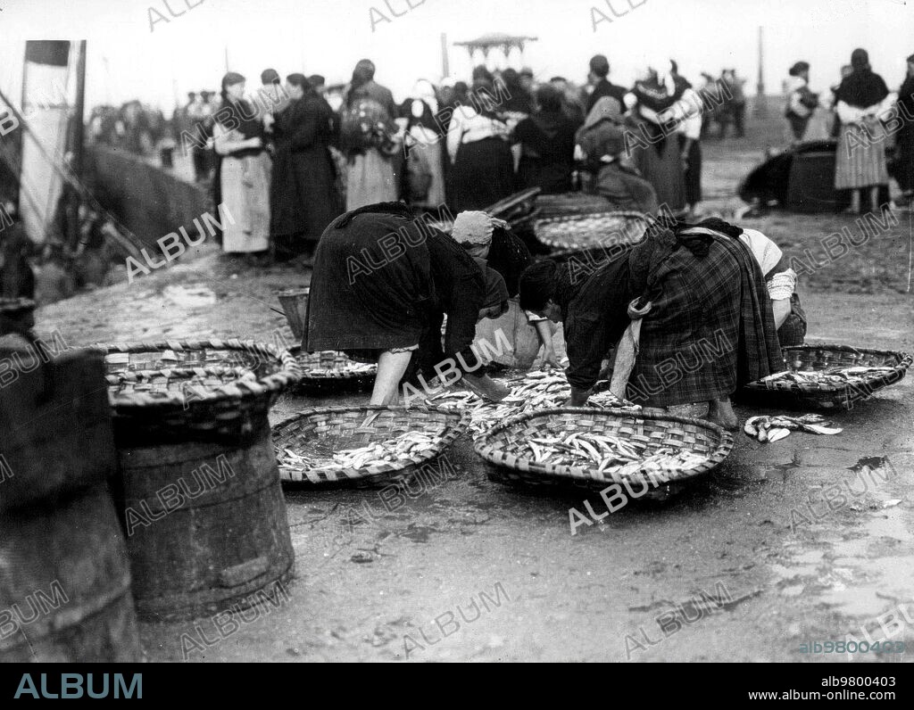 Vigo (Pontevedra), 1930 (CA.). Mujeres preparando las lonjas del pescado en el puerto de la Ribera del Berbés.