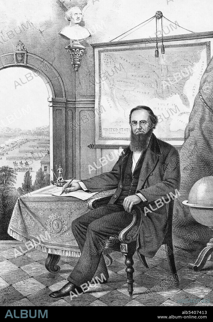 Edwin M. Stanton (1814-1869), US Secretary of War. In 1862, Stanton was appointed secretary of war, becoming an influential adviser to President Abraham Lincoln and playing an important administrative role in the Union’s success. In the wake of Lincoln’s assassination, Stanton took charge of the prosecution of the conspirators, who were tried through a military tribunal. Stanton initially remained in his cabinet position under President Andrew Johnson, who succeeded Lincoln, but Stanton opposed Johnson’s reluctance to require the former Confederate states to guarantee civil rights to former slaves. Johnson’s efforts to remove Stanton led to the president’s impeachment. Johnson survived the effort, and Stanton resigned. He was later appointed to the Supreme Court by President Ulysses S. Grant, but died before joining the Court. This portrait of Edwin Stanton was published by Ehrgott & Forbriger as part of a series of prints commemorating United States political figures at the height of the Civil War.