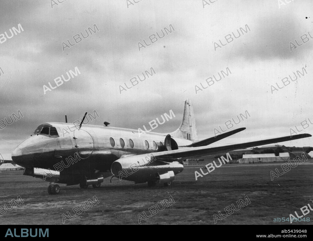 Franborough Showpiece -- Two Rolls-Royce Tay jet engines provide the power for this Vickers Viscount which has been built for the Ministry of Supply for research and development. It is one of about 60 different types of civil ad military plane taking part in the air display being staged here by the society of British Aircraft constructors. September 05, 1950.;Franborough Showpiece -- Two Rolls-Royce Tay jet engines provide the power for this Vickers Viscount which has been built for the Ministry.