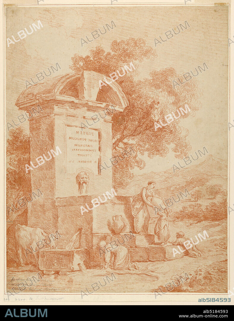 A Roman fountain (Counterproof), Hubert Robert, French, 1733 1808, red chalk on paper (counterproof), France, 1793, drawing/ counterproof, drawing/ counterproof.