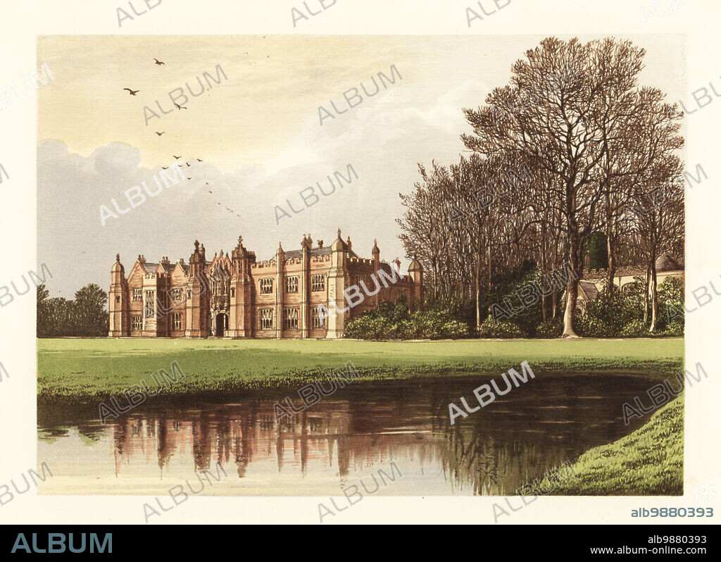 Hengrave Hall, Suffolk, England. Tudor manor house with embattled parapets built in 1538 for Sir Thomas Kitson and renovated by the owner Sir Thomas Gage in 1775. Home of Sir Edward Rokewode-Gage, 9th Baronet. Colour woodblock by Benjamin Fawcett in the Baxter process of an illustration by Alexander Francis Lydon from Reverend Francis Orpen Morriss Picturesque Views of the Seats of Noblemen and Gentlemen of Great Britain and Ireland, William Mackenzie, London, 1880.