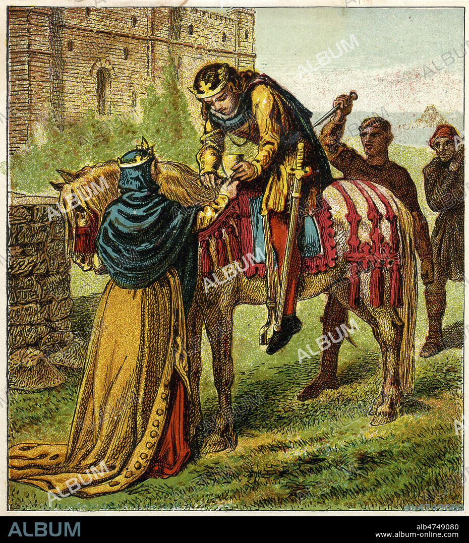 EDOUARD ( 962-978) est tue a Corfe par un des serviteurs d'ELFRIDA (c.945-1000) pour faire monter son fils ETHELRED sur le trone. Illustration anonyme vers 1875 pour Pictures of English History. Credit : Collection KHARBINE-TAPABOR.