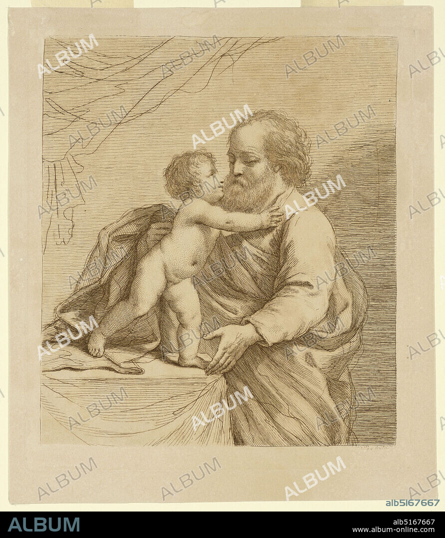 Saint Joseph and the Infant Savior, Giovanni Vitalba, Italian, 1783 - 1792, Giovanni Francesco Barbieri (called Guercino), Italian, 1591 1666, Engraving in brown ink on cream paper, St. Joseph stands to the right of the table, with his arms protectively out for the Christ Child, who stands on the table, supporting himself by his hands on St. Joseph's chest., Italy, ca. 17651785, Print, Print.