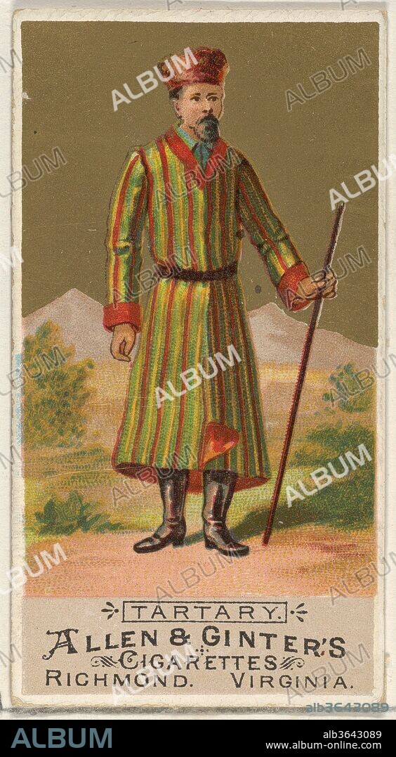 Tartary, from the Natives in Costume series (N16) for Allen & Ginter Cigarettes Brands. Dimensions: Sheet: 2 3/4 x 1 1/2 in. (7 x 3.8 cm). Publisher: Allen & Ginter (American, Richmond, Virginia). Date: 1886.
Trade cards from the "Natives in Costume" series (N16), issued in 1886 in a set of 50 cards to promote Allen & Ginter brand cigarettes.