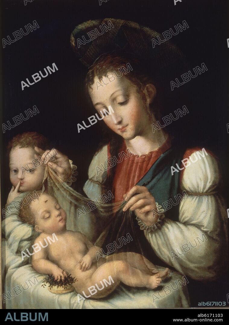 LUIS DE MORALES 1510/1586 EL DIVINO MORALES. VIRGEN CON EL NIÑO Y SAN JUANITO - HACIA 1570 - OLEO/TABLA - 70 x 57 cm - NP 3147 - MANIERISMO ESPAÑOL -.