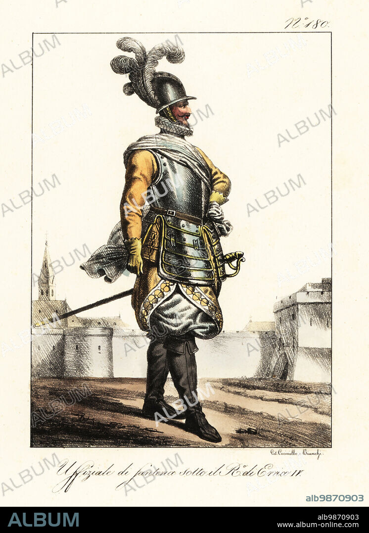 French infantry officer during the reign of King Henry IV, 1589-1610. In morion helmet with plume, breastplate with tassets, buff doublet and pumpkin breeches, sash, boots, and sword. Officier d'Infanterie sous le Regne de Henry IV. Handcoloured lithograph by Lorenzo Bianchi and Domenico Cuciniello after Hippolyte Lecomte from Costumi civili e militari della monarchia francese dal 1200 al 1820, Naples, 1825. Italian edition of Lecomtes Civilian and military costumes of the French monarchy from 1200 to 1820.