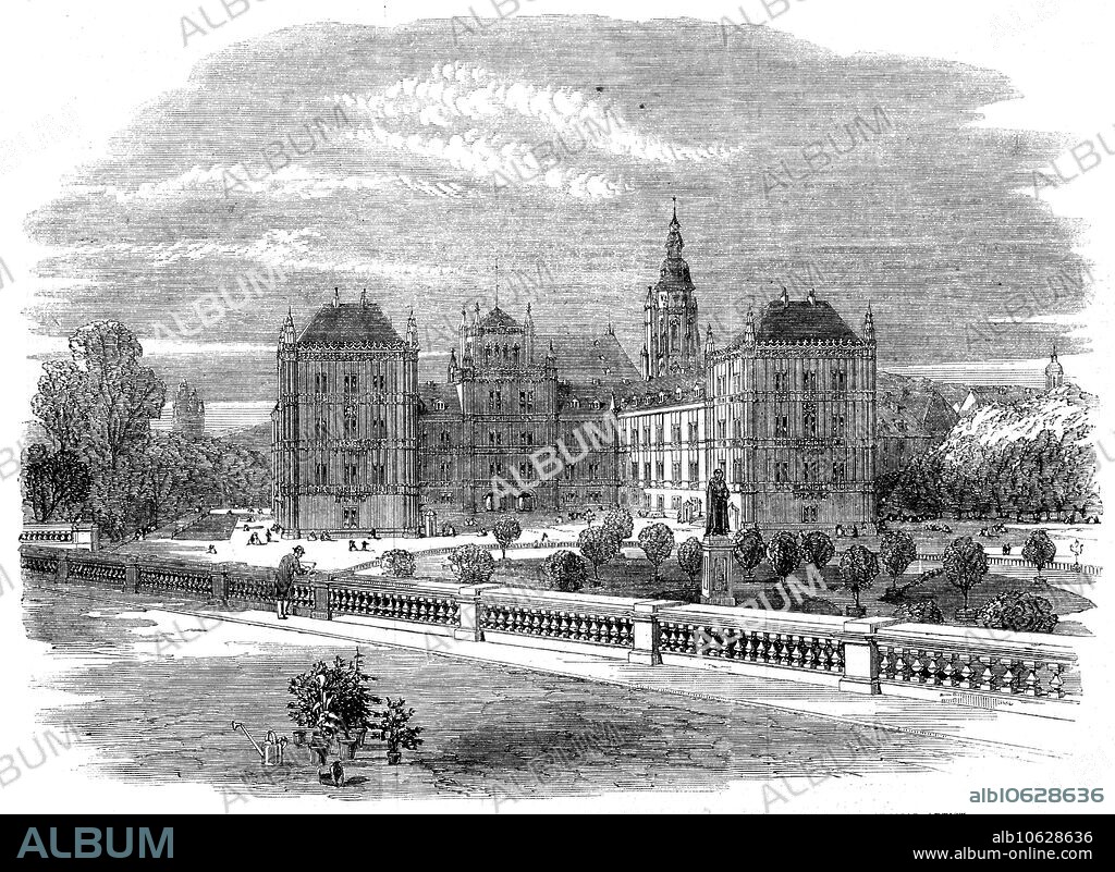 The Queen's visit to Germany: the Ducal Palace and Church of St. Moritz, Coburg - from a sketch by our special artist, 1862. 'The Palace of Ehrenburg (burg of honour)...occupies three sides of a square, and is of simple but chaste Gothic architecture...In the palace are a library of nearly 30,000 volumes and a valuable collection of natural history, minerals, coins, and prints. The apartments which were occupied by her Majesty and the Royal children are precisely in the same state as they were on the Queen's former visit to Coburg, and in the private rooms of the late Prince Consort nothing has been changed. From her Majesty's bedroom there is a fine view of the park and the ancient castle. The Duke of Coburg's apartments are in the opposite wing: some are noble rooms. One small room adjoining his bedroom...has no other decoration than lithographic portraits of the young English Princes and Princesses; but scarcely a room in the palace is without portraits or busts of the Queen, Prince Albert, and the Royal children. In front of the palace is a circular parterre, with numerous orange-trees; having in the centre a fine bronze statue of the late Duke of Coburg'. From "Illustrated London News", 1862.