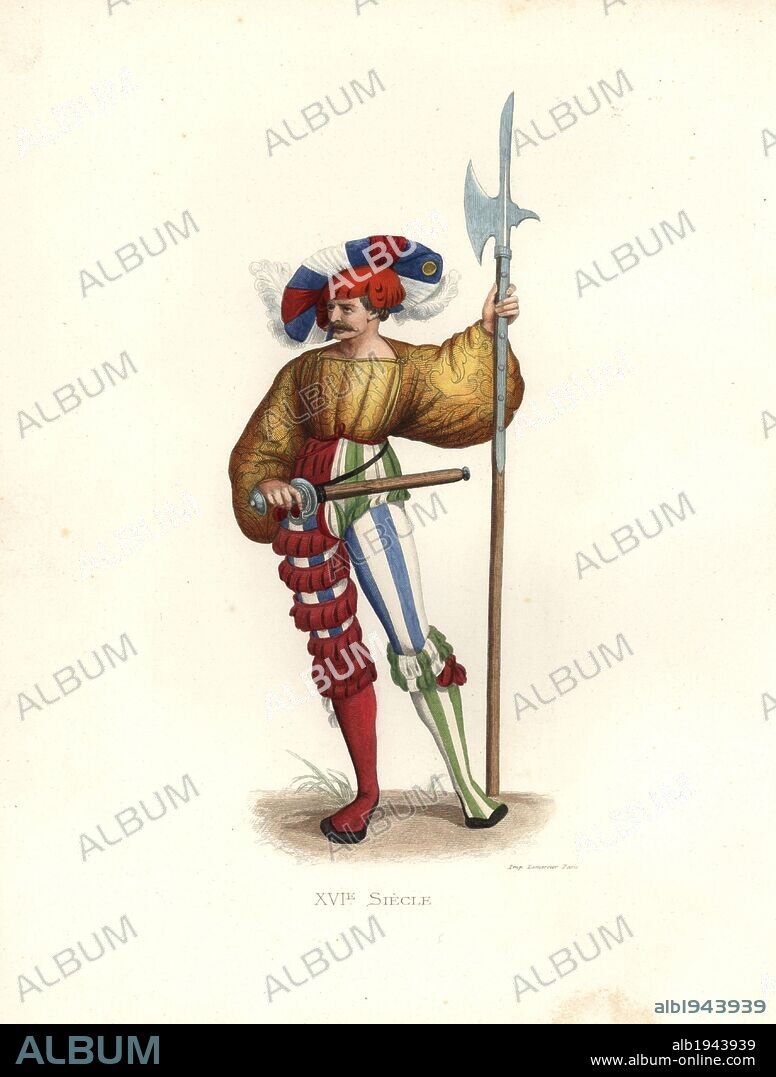 Halberdier, 16th century, in plumed hat, gold full-sleeved doublet, striped stockings, garters, carrying a sword and halberd.. Handcolored illustration by E. Lechevallier-Chevignard, lithographed by A. Didier, L. Flameng, F. Laguillermie, from Georges Duplessis's "Costumes historiques des XVIe, XVIIe et XVIIIe siecles" (Historical costumes of the 16th, 17th and 18th centuries), Paris 1867. The book was a continuation of the series on the costumes of the 12th to 15th centuries published by Camille Bonnard and Paul Mercuri from 1830. Georges Duplessis (1834-1899) was curator of the Prints department at the Bibliotheque nationale. Edmond Lechevallier-Chevignard (1825-1902) was an artist, book illustrator, and interior designer for many public buildings and churches. He was named professor at the National School of Decorative Arts in 1874.